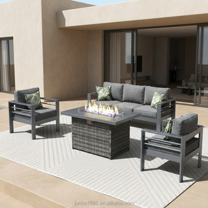 Industrial Style Outdoor Sofa Set Metal Garden Furniture with Wicker Firepit Table Weather Resistant Patio Lounge Set for Villa