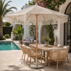Boho Chic Macrame Edging Beach Umbrella Crochet Parasol Canopy Outdoor Sun Shade Patio Umbrella for Courtyard Application