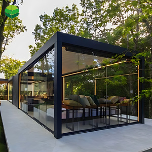 Outdoor Aluminum Pergola Easily Assembled Waterproof Windproof Louvered Roof Gazebo Motorized Glass Sliding Doors