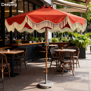 Glamping Wooden Space Saving Garden Umbrella Beach Parasol Restaurant Coffee Shop Orange Outdoor Umbrella with Fringe