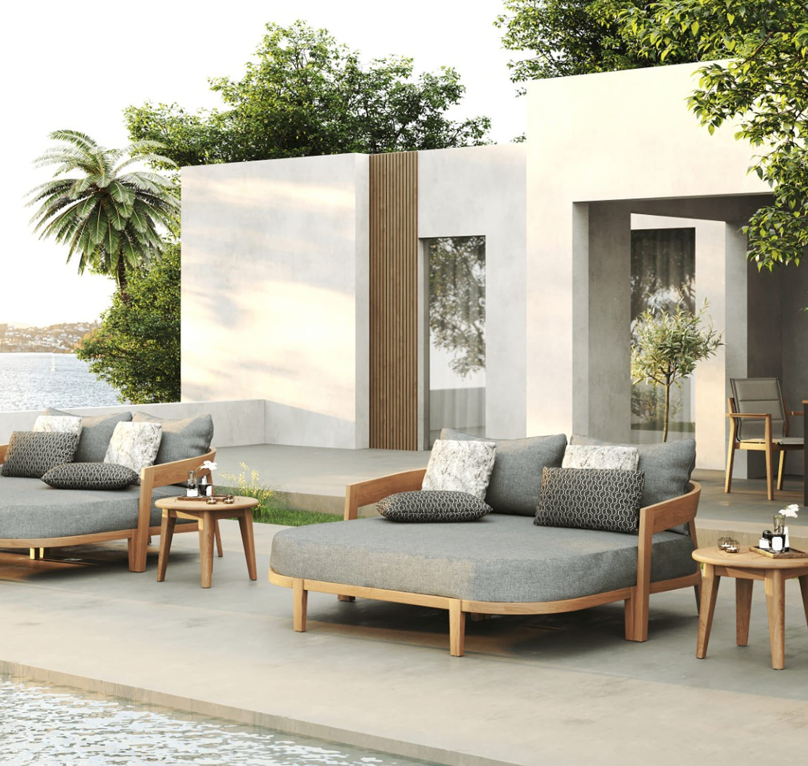 Modern architectural outdoor furniture setting in resort hotel
